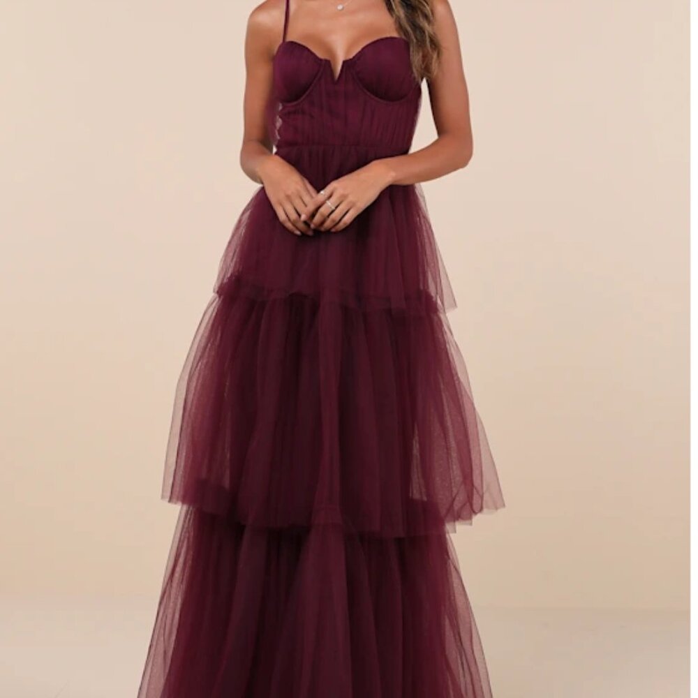 Lulus Unforgettable Poise Plum Tulle Bustier Tiered Maxi Dress | NWOT | M